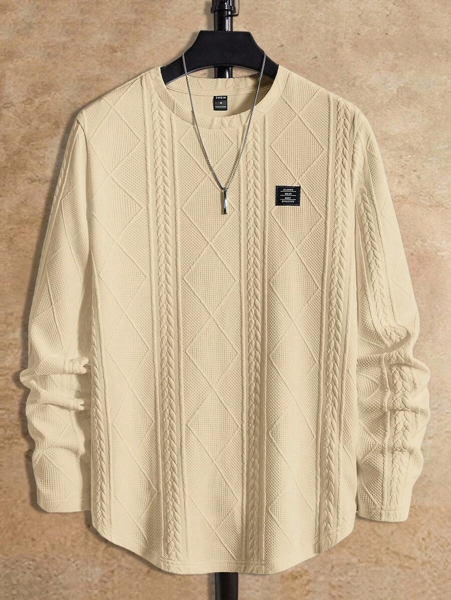 HIMLAND 纯色圆领百搭针织休闲长袖T恤 - 杏色 - 查看 1