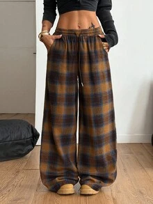 Coolane 大码女式抽绳腰格子阔腿宽松休闲裤 - 棕色 - 查看 4