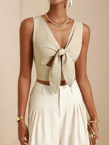 SHEIN Veneréa 女士纯色深V领打结镂空露脐性感吊带背心 - 彩色 - 查看 7