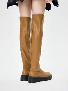 ROMWE Giày bốt nữ màu đen co giãn, phong cách rock punk goth tối màu, bốt đế dày kiểu mô tô, bốt da cao đến đầu gối, thích hợp cho ngày Valentine. - Màu vàng nâu - Xem 5