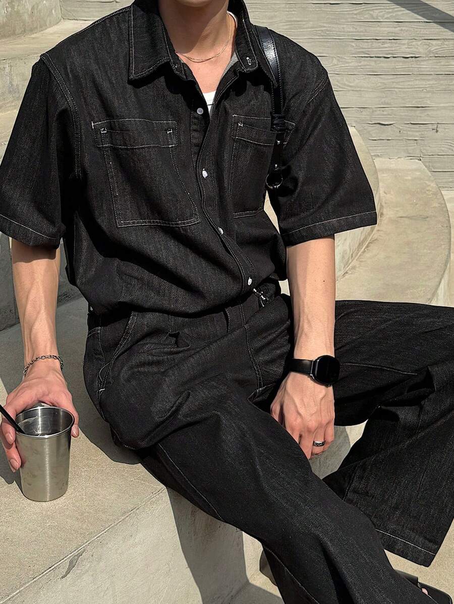 DAZY Men's Solid Black Washed Denim Suit, Spring/Summer - Black - View 1