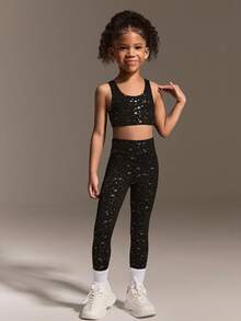 SHEIN Set de 2 piezas de top y leggings para niñas jóvenes, top de fitness de estiramiento alto en negro y pantalones de yoga ajustados con patrón de estrellas doradas brillantes, adecuado para entrenamiento, caminata al aire libre, trotar - Multicolor - Ver 4