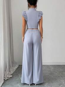 Elenzga 2pcs Women Gray Double Layer Cap Sleeve Top And Pants Set, Suitable For Spring, Summer, Autumn, Winter, Party, New Year, Thanksgiving, Christmas, Valentine's Day, Halloween, Casual Wear - Grey - View 2