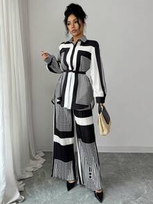 SHEIN Raffinéa 全新小众设计黑白几何印花套装：翻领长袖系腰衬衫，垂坠质感高级，搭配褶裥阔腿裤，时尚两件套，尽显精致优雅。 - 彩色 - 查看 7
