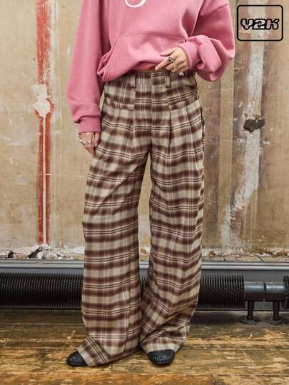 COUREZ Low Rise Baggy Fit Check Trousers With Pleat Front Detail And Side Ties /Y2K  Clothes For Women Spring Clothes For Women Casual Bottoms Wide Leg Pants Going Out Outfits Elegant Casual