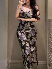 DAZY Floral Print Contrast Color Splice Fitted Sleeveless Long Women Nightgown - Black - View 6
