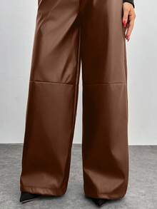 EURMUSE Solid Color, Pu Leather, Elastic Waist, Drawstring, Straight Fit Pants - Brown - View 6