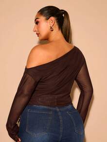 SHEIN BAE Plus Size Women Solid Asymmetric Shoulder Sleeveless Casual Form-Fitting Blouse - Coffee Brown - View 2