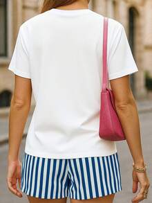 EMERY ROSE 2pcs Women's Dog Print Round Neck Short Sleeve Top And Striped Shorts Set - White - View 2