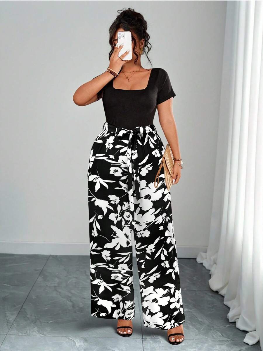SHEIN Tall Plus Size Women Floral Print Square Neck Casual Everyday Commute Short Sleeve Jumpsuit - Black - View 1