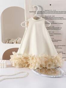 SHEIN Babygirl Cute & Elegant Apricot Floral Organza Sleeveless Loose Dress