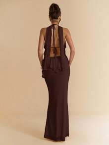 SHEIN BAE Rochie elegantă de vacanță, cu spate decoltat, cu volane albe și caisă, rochie de vară boemă, ținută de concert pentru femei - cafea maro - Vizualizare 2