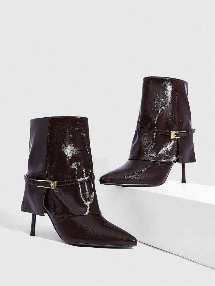 CUCCOO SZL Women's Outdoor Pointed Toe Stiletto Heels Buckle Decor Dual-Layer Material Design Fashion Comfortable Daily Party Banquet Side Zipper Boots Valentine's Day