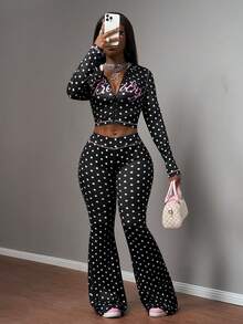 Slaydiva New Spring/Summer Casual Street Style Sexy Slim Fit Black Polka Dot Letter Print Hooded Cardigan Long Sleeve T-Shirt + Flared Pant Women Two Pieces Set.Suitable For Valentine's Day, Dates, Party, Gatherings, Holidays, Vacation,Nomadic Style, Beach, Seaside,Concerts, Everyday Outings, New Year's, Revelry, Brunch Outfits, Hot Girl, Wedding Guest Outfits, Wedding Season,-B Pants Set Two Piece - Multicolor - View 11