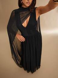 Silquee This Women's Black V-Neck, Flowing Chiffon Shawl Collar, Subtly Sheer, Sexy, Elegant, And Sophisticated Dress Is Charming And Suitable For Various Occasions, Including Valentine's Day, Dates, Outings, Nightclub Parties, And Elegant Dinners. The Fitted Cut Accentuates The Figure And Showcases Feminine Allure. Elegant And Captivating, It's The Perfect Choice For Valentine's Day, And Also Suitable For Vacations, Beach Trips, Parties, Banquets, Weddings, Romantic Dates, And Spring/Summer Wear.