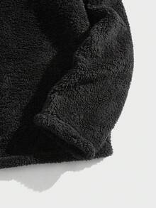 SWAVVY Men Letter Embroidery Quarter Zip Coral Hoodie Fluffy Black Letter Long Sleeve Thick Casual Sherpa Hoodie, For Friends, Husband, Boyfriend Gifts, For Fall Winter, Couple Things - Black - View 6