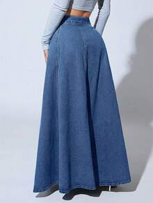 Slaydiva Plus Size Casual Washed Extra Long Denim Skirt - Medium Wash - View 7