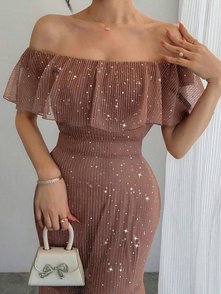 Women's Sequin Off Shoulder Ruffle Hem Mermaid Dress Sparkly Dress Sundress
