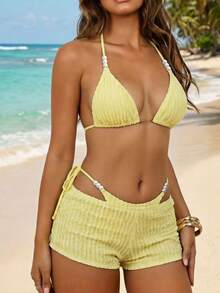 Swim Vcay Damen Frühling/Sommer Strand Musik Festival strukturierter Stoff gelb perlenbesetzter Neckholder Tanga Bikini Dreiteiler Set - Gelb - Übersicht 3