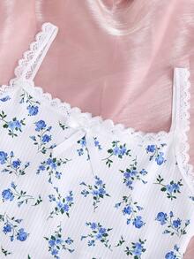 SHEIN 少女碎花印花缎带蝴蝶结装饰吊带背心和短裤舒适休闲修身睡衣套装，2件套，粉色 - 藍白色 - 查看 6