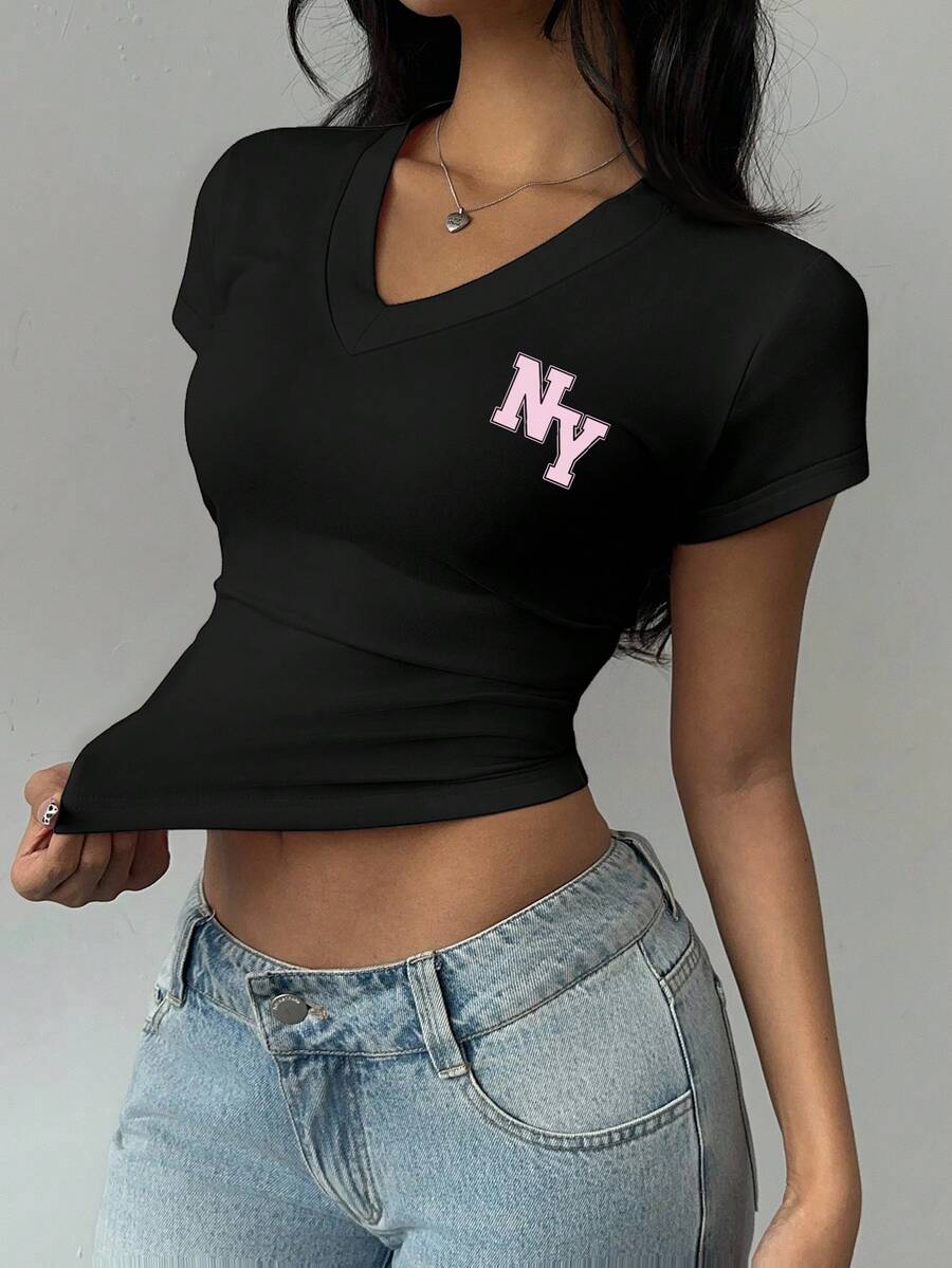 SHEIN EZwear 女士休闲V领褶皱T恤，适合夏季穿着 - 黑色 - 查看 1