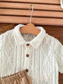 SHEIN Newborn Baby Boy Casual Cute Knitted Apricot Short Sleeve Shirt And Elastic Waist Shorts Set