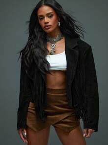 Hauture Women's Sexy Boho Faux Suede Dark Chocolate With Fringe Bold Shoulder Jacket - Black - View 2