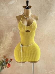 Soleia 女士沙滩度假休闲露背吊带毛衣连衣裙 - 黃色 - 查看 1