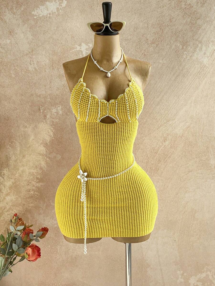 Soleia 女士沙滩度假休闲露背吊带毛衣连衣裙 - 黃色 - 查看 1