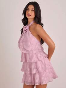 Enchnt Damen Mehrschichtiges Blumen Dekor Neckholder Kurzes Tortenkleid - Babypink - Übersicht 6