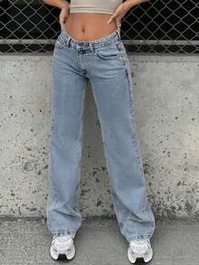 EURMUSE Women's Jeans Tall Low Waist Casual Wide Leg Jeans 2000s Style - Light Wash - View 7