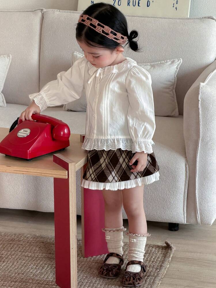 Toddler Girls' Plaid Ruffle Hem Contrast Color Korean Style Skirt, Winter