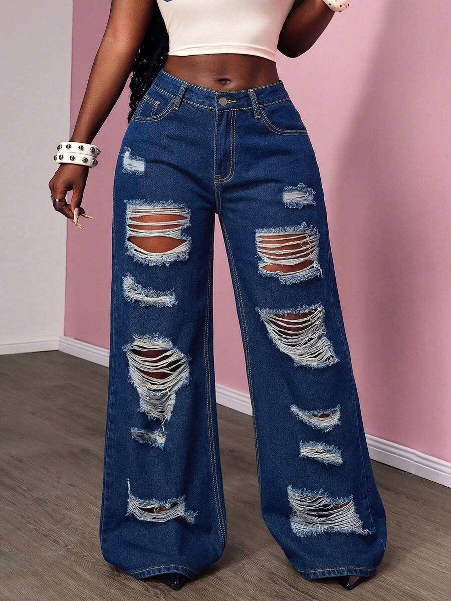 Slaydiva Plus Size Loose Distressed Straight Leg Blue Jeans - Blue - View 1