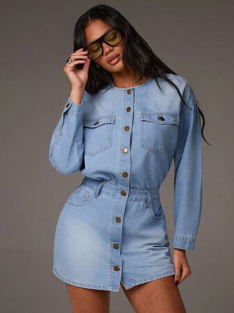 Athîral Vestido de mezclilla casual de mujer con cuello redondo, hombros caídos, manga larga y abotonadura sencilla