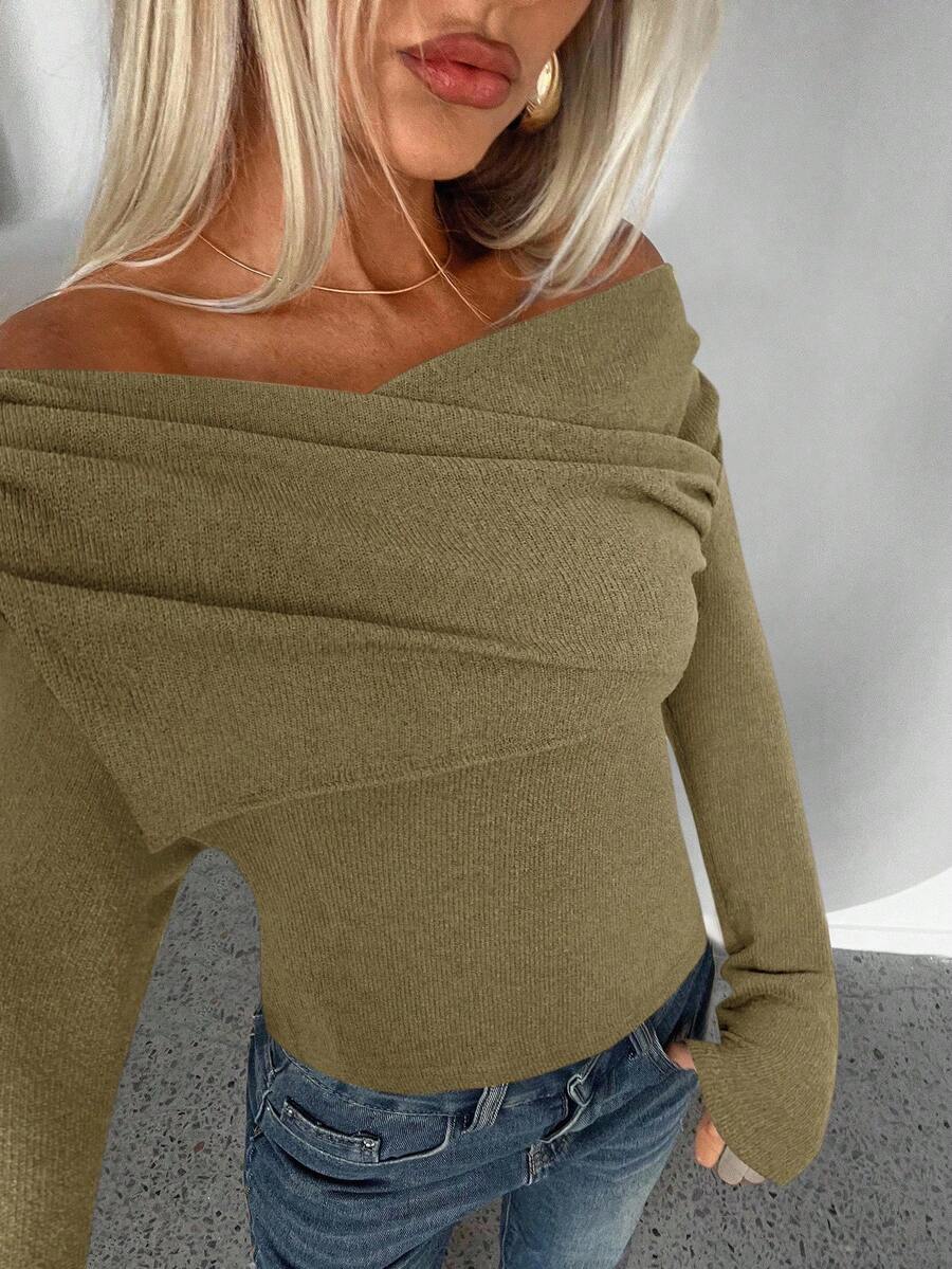 Aloruh Coffee Color Faux Fur Shoulder Cutout Long Sleeve Knit Top - Army Green - View 1