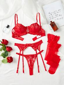 5件套内衣套装（钢圈文胸、丁字裤、吊袜带、1双丝袜） - 紅色 - 查看 4