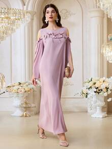 Al Najma Elegant & Modest 3D Floral Off-Shoulder Arabic Style Dress For Women Pink Dress For Women 3d Flower Dress Luxury Dress - Pink - View 7