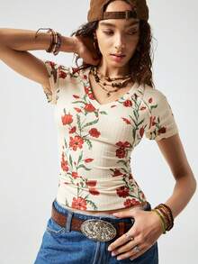 SoleilVie Áo len nữ mới, chất liệu co giãn, gân nổi, in họa tiết hoa màu mơ, kiểu dáng retro tay ngắn, cổ chữ V, chất vải mềm mại, thân thiện với da, phù hợp cho hoạt động ngoài trời, kỳ nghỉ, phong cách boho chic, áo thun ngắn tay thanh lịch, áo nữ thường ngày, áo nữ họa tiết hoa, áo nữ kiểu cao bồi, quần áo mùa hè cho nữ. - Nhiều màu - Xem 7