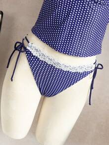 Swim Mod Women's Beach Music Polka Dot Lace Trim Tie Front Tankini Swimsuit Set, Cute Style For Spring/Summer