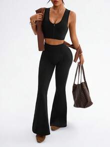 Dewbera 2件套女士无缝性感露背圆领前拉链修身跑步健身瑜伽背心和喇叭裤运动套装 - 黑色 - 查看 5