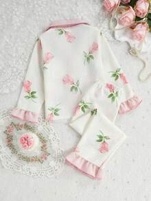 SHEIN 两件套碎花印花女童长袖开衫和长裤套装，休闲舒适家居服 - 彩色 - 查看 3