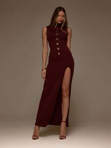 MUSERA 性感高领镂空修身开衩长裙，适合情人节、情人节派对、浪漫夜晚外出、度假、春夏等场合，优雅迷人。 - 酒紅色 - 查看 1