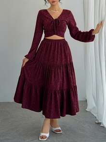 DAZY Women's Cashew Pattern Front Drawstring Lantern Sleeve Cropped Top And Skirt 2 Pieces Set Valentine's Day - Pink - View 3