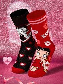 Betty Boop x SHEIN 2双装柔软透气吸湿休闲女士中筒袜，时尚可爱卡通紫白图案，加固袜头和袜跟，经久耐穿，四季皆宜，夏季冬季百搭，图案袜子