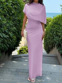 Vestido largo elegante y minimalista con diseño de cintura elástica, multicapa de volantes en la cintura, favorecedora silueta, adecuado para el trabajo, citas, vacaciones - Morado Violeta - Ver 5