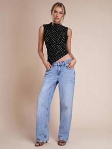 SHEIN BAE Áo camisole thời trang nữ in chấm bi, vạt bất đối xứng - màu đen - Xem 4