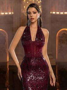 Glamrae 优雅酒红色亮片刺绣网纱吊带美人鱼款正式晚礼服 - 酒紅色 - 查看 5