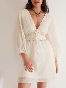 Freevana Đầm dự tiệc gợi cảm cho nữ cỡ lớn, màu trơn, cổ chữ V sâu, tay phồng, thắt nơ phía trước. - Màu be - Xem 5