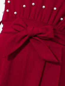 Tween Girls Faux Pearl Collar Bow Jumpsuit Red Wide Leg Jumpsuit Jumpsuit With Pearls Red Jumpsuit For Girls - Burgundy - View 3