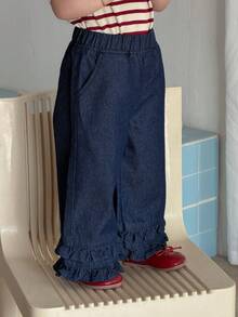 DAZY 女童荷叶边宽松休闲直筒水洗牛仔裤 - 深色水洗藍 - 查看 4